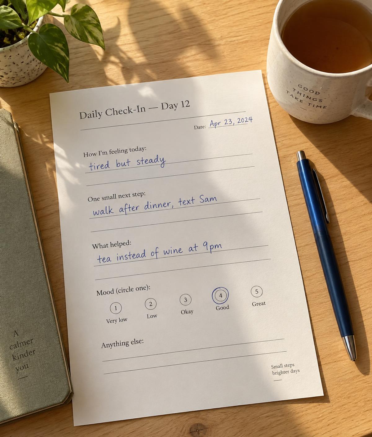 The 30-Day Fresh Start Journal daily check-in page, filled in